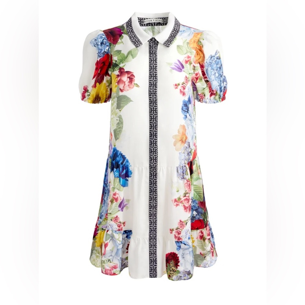 Alice + Olivia White Floral Collared Puff-Sleeve Claire Mini Dress NWTs
